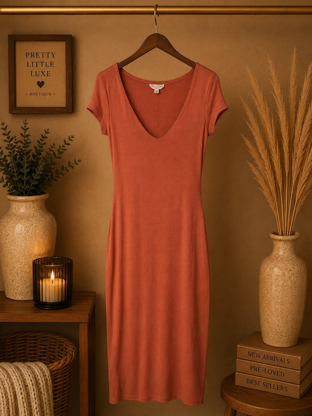 See You Monday Rust Orange V Neck ShorRust Scoop Neck Short Sleeve Dress - Women